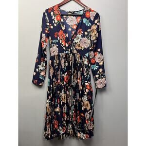 Pretty Little Thing Dress Womens‎ 4 Navy Floral Long Sleeve Pleated Midi NEW
